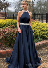 A-line/Princess High-Neck Sleeveless Sweep Train Satin Prom Dresses With Waistband Beading